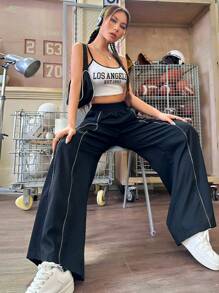 SHEIN Unity 拼接滾邊闊腿褲 - 黑色 - 查看 5