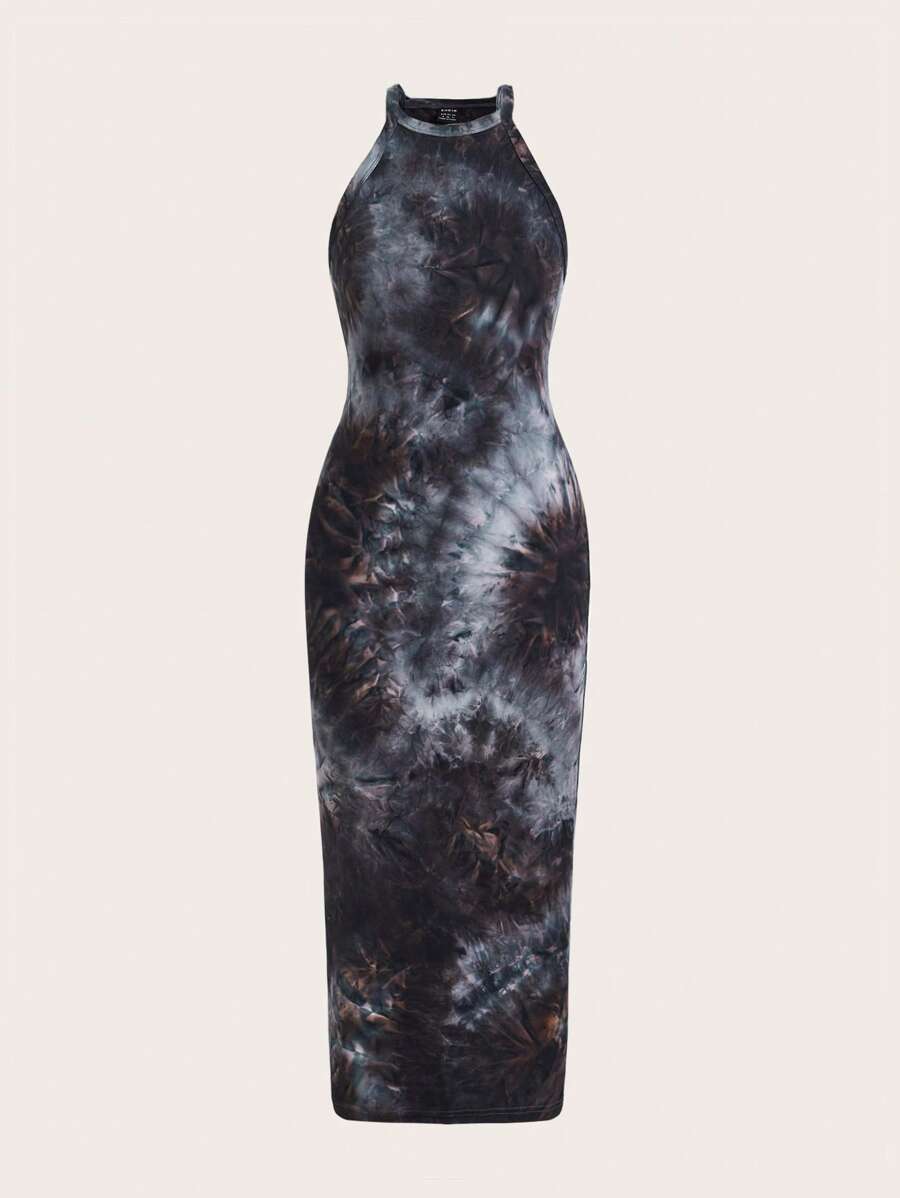 SHEIN EZwear Tie Dye Halter Neck Bodycon Dress - Dark Grey - View 1