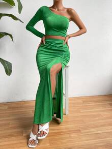 SHEIN Privé Bộ đồ hai mảnh nữ Xù Tách cao màu trơn Giải trí - màu xanh lá - Xem 4