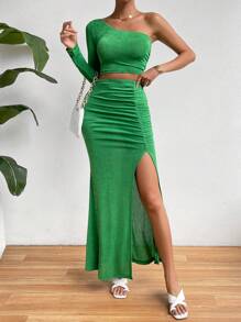 SHEIN Privé Bộ đồ hai mảnh nữ Xù Tách cao màu trơn Giải trí - màu xanh lá - Xem 5