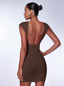SHEIN BAE Vestido ajustado unicolor de espalda abierta - Café integral - Ver 1