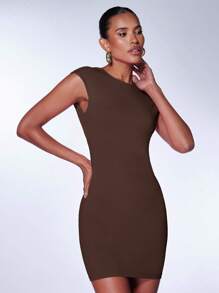 SHEIN BAE Vestido ajustado unicolor de espalda abierta - Café integral - Ver 3
