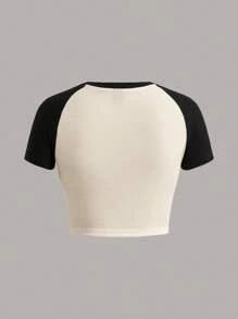 SHEIN EZwear Butterfly And Monogram Raglan Sleeve Colorblock Cropped T-Shirt DREAM TUNNEL EVERY DAY IS A TREASURE ALWAYS IN A GOOD MOOD