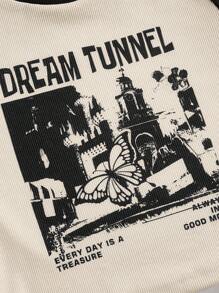 SHEIN EZwear Butterfly And Monogram Raglan Sleeve Colorblock Cropped T-Shirt DREAM TUNNEL EVERY DAY IS A TREASURE ALWAYS IN A GOOD MOOD