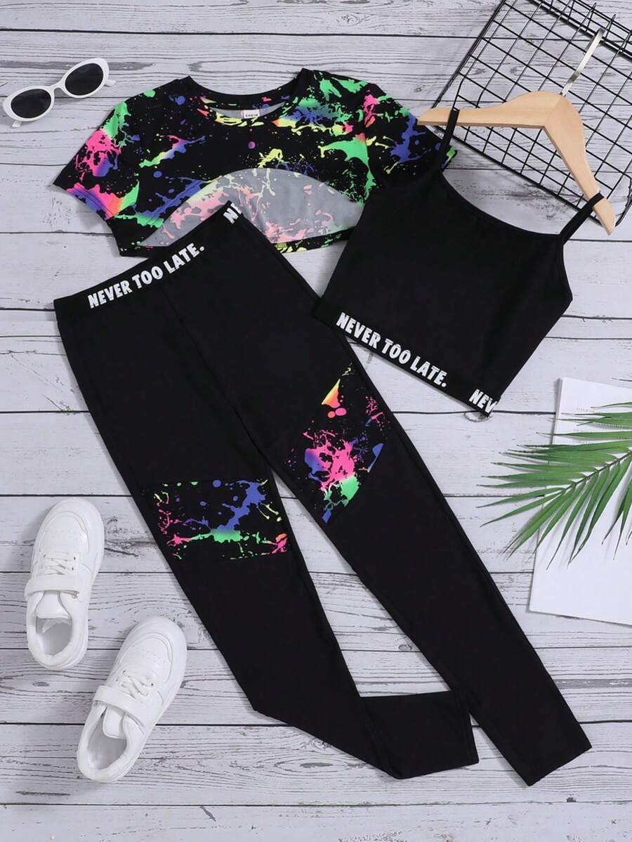 SHEIN Tween Girl Splash Ink Print Letter Tape Panel Cami Top & Leggings & Top - Multicolor - View 1