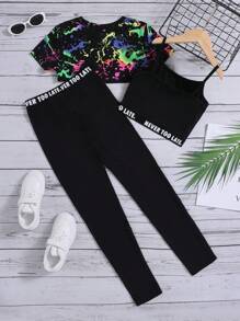 SHEIN Tween Girl Splash Ink Print Letter Tape Panel Cami Top & Leggings & Top - Multicolor - View 2