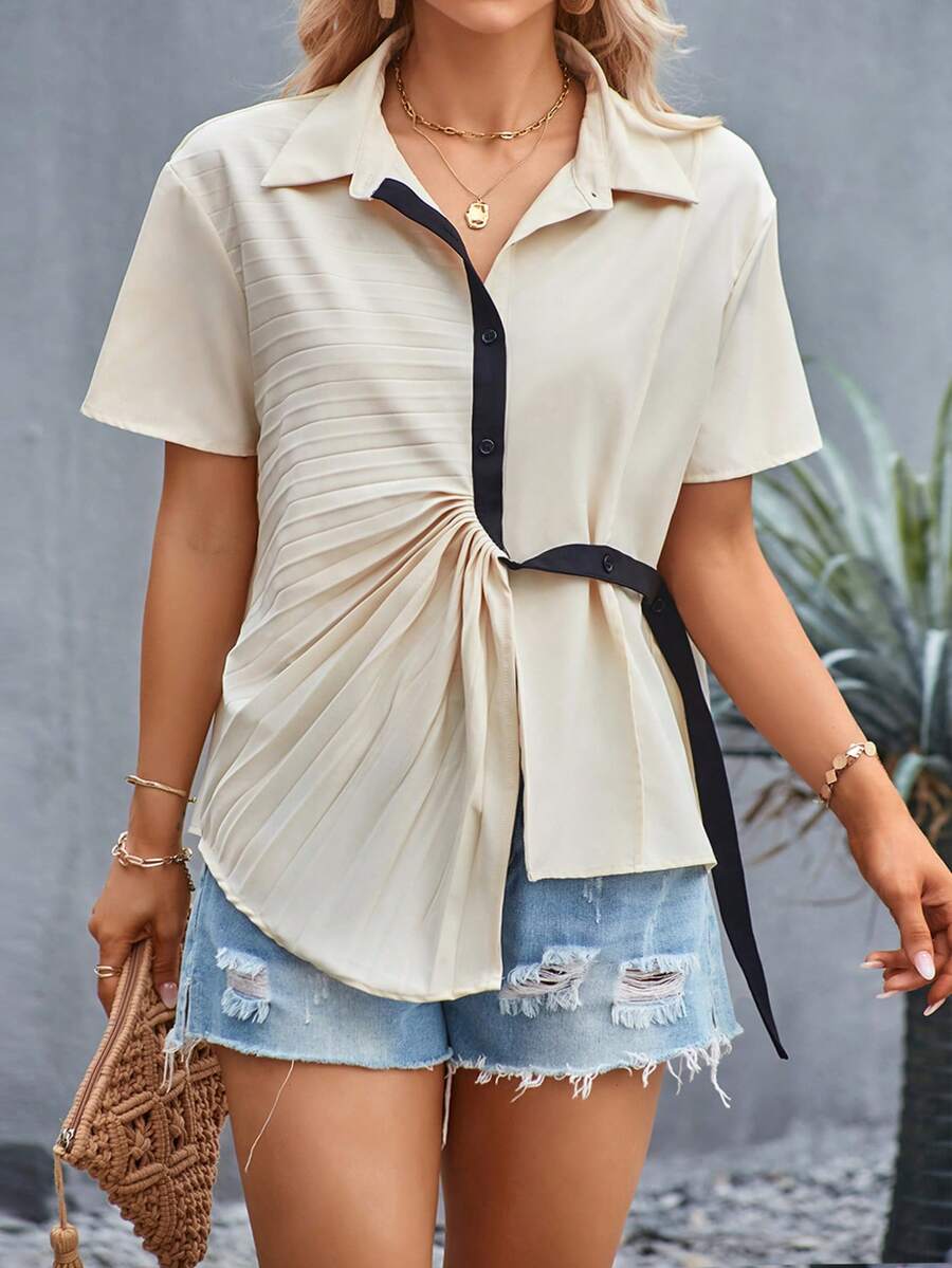 SHEIN Clasi Áo sơ mi nữ Bất đối xứng Nút phía trước Khối Màu Giải trí - Màu be - Xem 1