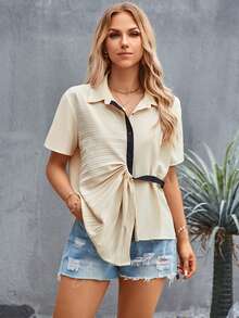 SHEIN Clasi Áo sơ mi nữ Bất đối xứng Nút phía trước Khối Màu Giải trí - Màu be - Xem 4