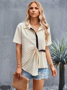 SHEIN Clasi Áo sơ mi nữ Bất đối xứng Nút phía trước Khối Màu Giải trí - Màu be - Xem 5