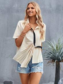SHEIN Clasi Áo sơ mi nữ Bất đối xứng Nút phía trước Khối Màu Giải trí - Màu be - Xem 6