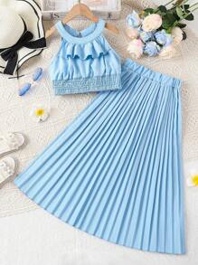 Bộ hai mảnh Gái Xếp li Xù Dải chun màu trơn Dễ thương - Màu xanh lam - Xem 1