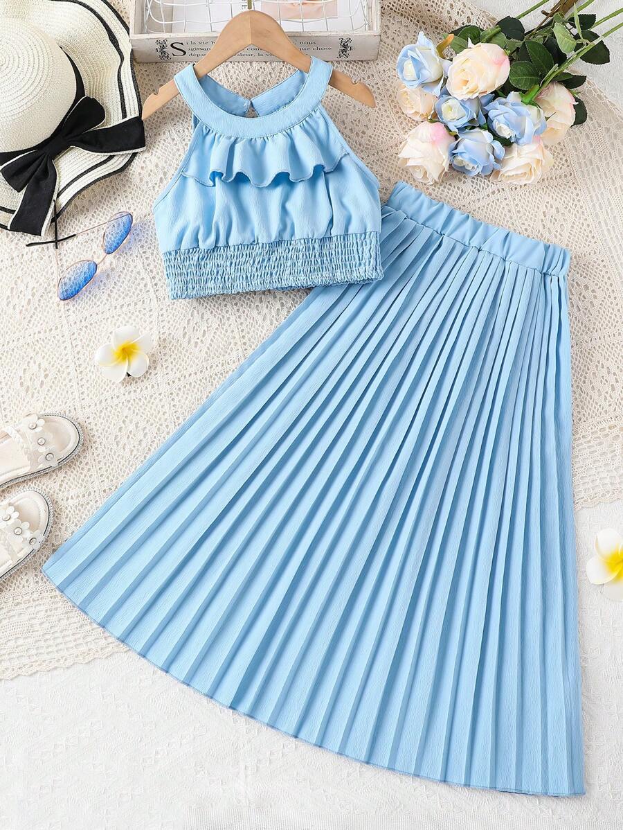 Bộ hai mảnh Gái Xếp li Xù Dải chun màu trơn Dễ thương - Màu xanh lam - Xem 1