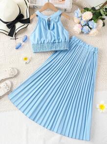 Bộ hai mảnh Gái Xếp li Xù Dải chun màu trơn Dễ thương - Màu xanh lam - Xem 2