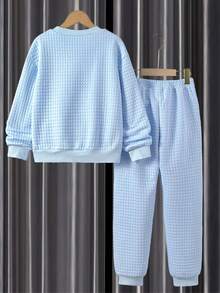 SHEIN 青少年男孩字母貼花細節開肩運動衫和運動長褲 - 藍色 - 查看 2