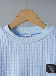 SHEIN 青少年男孩字母貼花細節開肩運動衫和運動長褲 - 藍色 - 查看 3