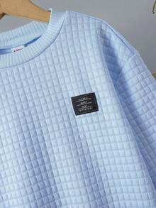 SHEIN 青少年男孩字母貼花細節開肩運動衫和運動長褲 - 藍色 - 查看 4