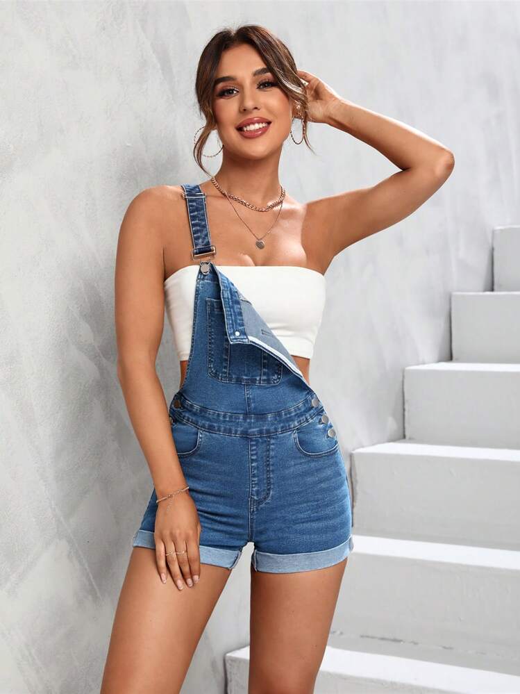 SHEIN PETITE Mono overol mezclilla bajo de doblez sin top - Azul lavado medio - Añade 3