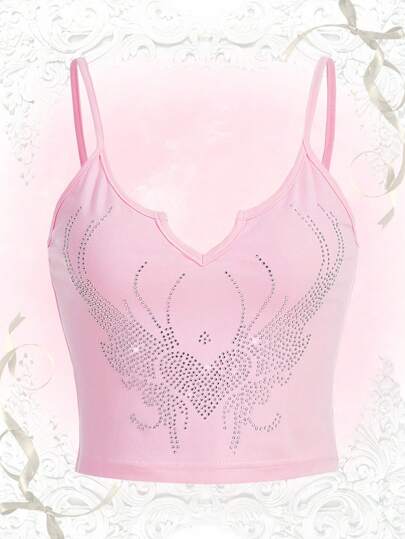 Kawaii Top de tirantes con diamante de imitación con patrón de corazón