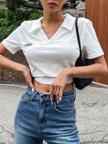 DAZY Áo thun nữ Đắp vá Lá thư Giải trí - trắng - Xem 4