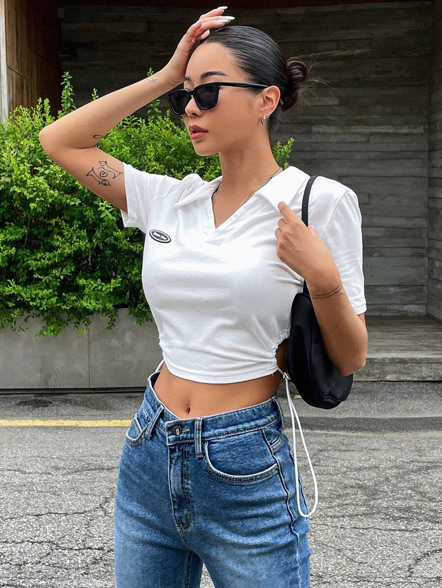 DAZY Áo thun nữ Đắp vá Lá thư Giải trí - trắng - Xem 1