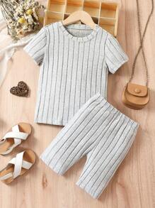SHEIN Toddler Girls Solid Ribbed Knit Tee & Biker Shorts Set - Light Grey - View 1