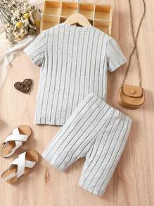 SHEIN Toddler Girls Solid Ribbed Knit Tee & Biker Shorts Set - Light Grey - View 2