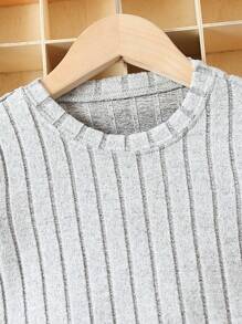 SHEIN Toddler Girls Solid Ribbed Knit Tee & Biker Shorts Set - Light Grey - View 3