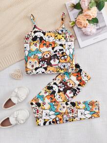 SHEIN Tween女孩卡通圖形背心和褲子貼身睡衣組 - 彩色 - 查看 1