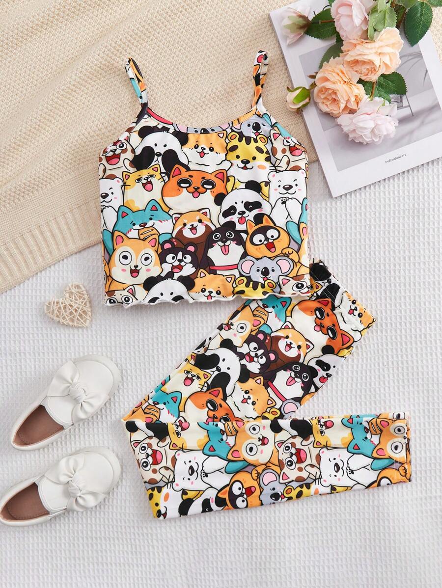 SHEIN Tween女孩卡通圖形背心和褲子貼身睡衣組 - 彩色 - 查看 1