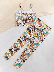 SHEIN Tween女孩卡通圖形背心和褲子貼身睡衣組 - 彩色 - 查看 2