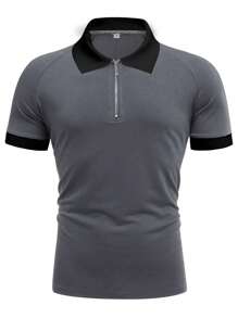 Hombres Camisa polo de cuello en contraste con cremallera media de manga raglán - Gris Oscuro - Ver 3