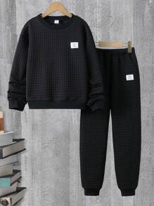 SHEIN 男大童字母貼布套頭衫和運動褲 - 黑色 - 查看 1