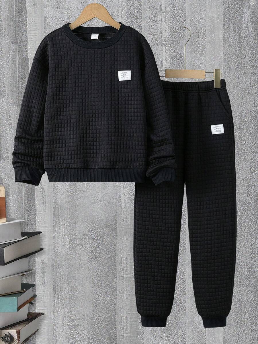 SHEIN 男大童字母貼布套頭衫和運動褲 - 黑色 - 查看 1