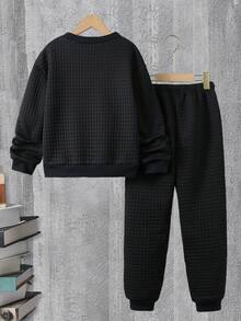 SHEIN 男大童字母貼布套頭衫和運動褲 - 黑色 - 查看 2