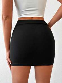 EURMUSE 素色高腰包臀半身裙 - 黑色 - 查看 2