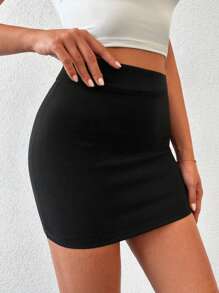 EURMUSE 素色高腰包臀半身裙 - 黑色 - 查看 3