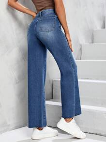 SHEIN Unity 毛邊直筒牛仔褲 - 深色水洗藍 - 查看 2