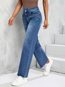 SHEIN Unity 毛邊直筒牛仔褲 - 深色水洗藍 - 查看 4