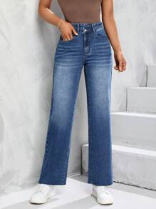 SHEIN Unity 毛邊直筒牛仔褲 - 深色水洗藍 - 查看 6