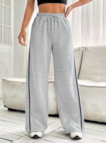SHEIN EZwear 拼接滾邊腰部抽繩直筒褲 - 灰色 - 查看 3