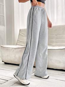 SHEIN EZwear 拼接滾邊腰部抽繩直筒褲 - 灰色 - 查看 1