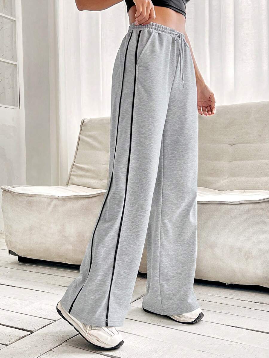 SHEIN EZwear 拼接滾邊腰部抽繩直筒褲 - 灰色 - 查看 1