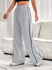 SHEIN EZwear 拼接滾邊腰部抽繩直筒褲 - 灰色 - 查看 4