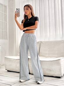 SHEIN EZwear 拼接滾邊腰部抽繩直筒褲 - 灰色 - 查看 5