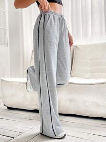 SHEIN EZwear 拼接滾邊腰部抽繩直筒褲 - 灰色 - 查看 6