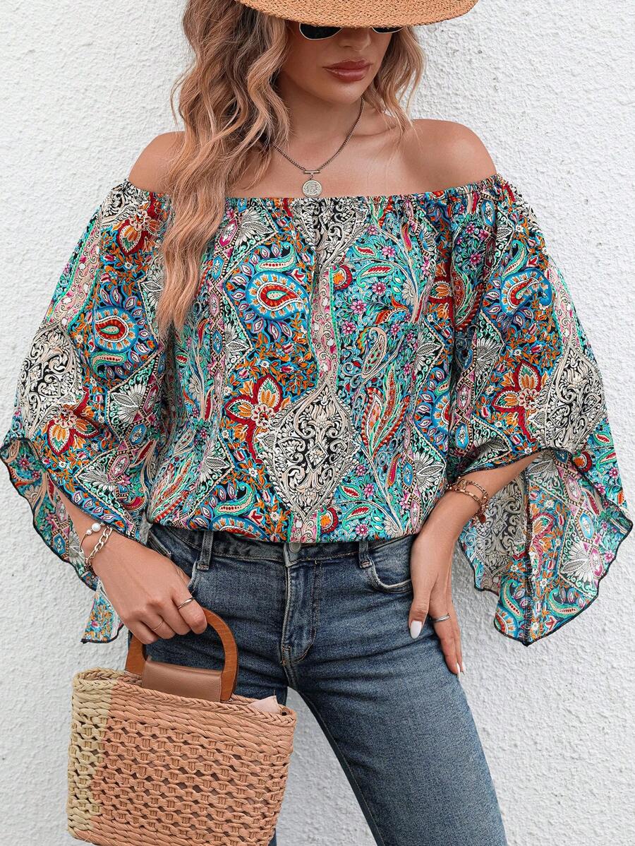 SHEIN VCAY Paisley Print Off Shoulder Blouse - Multicolor - View 1