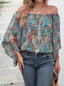 SHEIN VCAY Paisley Print Off Shoulder Blouse - Multicolor - View 3