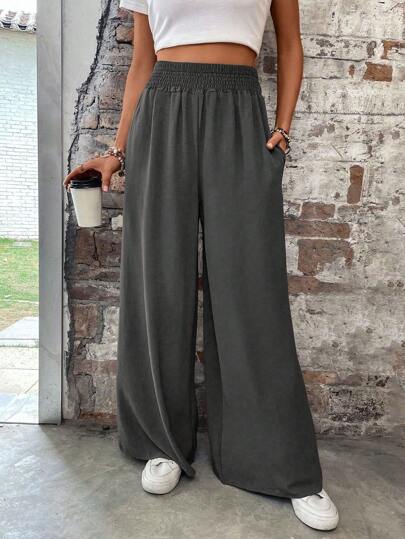 SHEIN LUNE Solid Elastic Waist Trousers