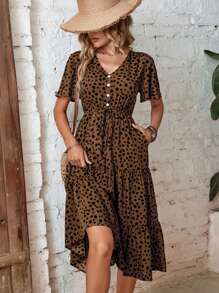 EMERY ROSE Dalmatian Print Knot Front Ruffle Hem Dress Maxi Women Outfit - Coffee Brown - View 1