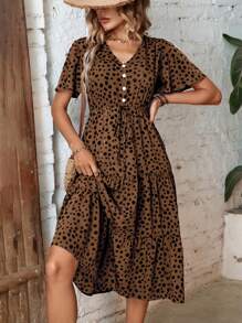 EMERY ROSE Dalmatian Print Knot Front Ruffle Hem Dress Maxi Women Outfit - Coffee Brown - View 3